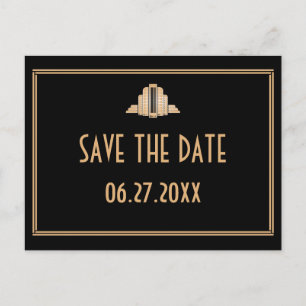 Art Deco Great Gatsby Black Gold Save the Date Ankündigungspostkarte