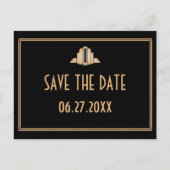 Art Deco Great Gatsby Black Gold Save the Date Ankündigungspostkarte (Vorderseite)