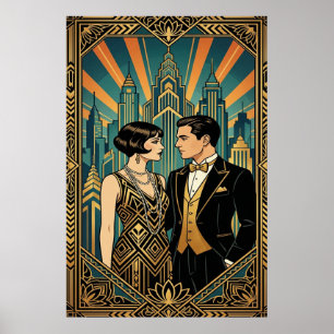 Art Deco Great Gatsby Paar Stadt Skyline Poster