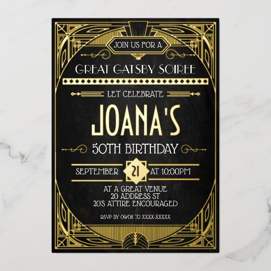 Art Deco Great Gatsby Party Folieneinladung (Vorderseite)