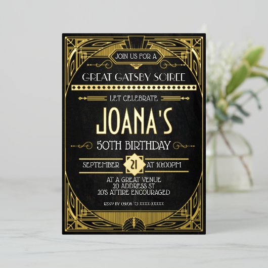 Art Deco Great Gatsby Party Folieneinladung (Stehend vorne)
