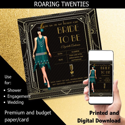 Art Deco Great Gatsby Roaring 20er Brautparty Einladung