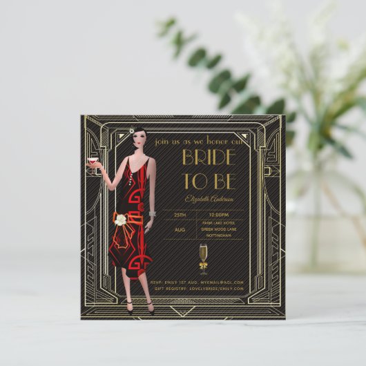 Art Deco Great Gatsby Roaring 20er Brautparty Rd Einladung (Stehend Vorderseite)