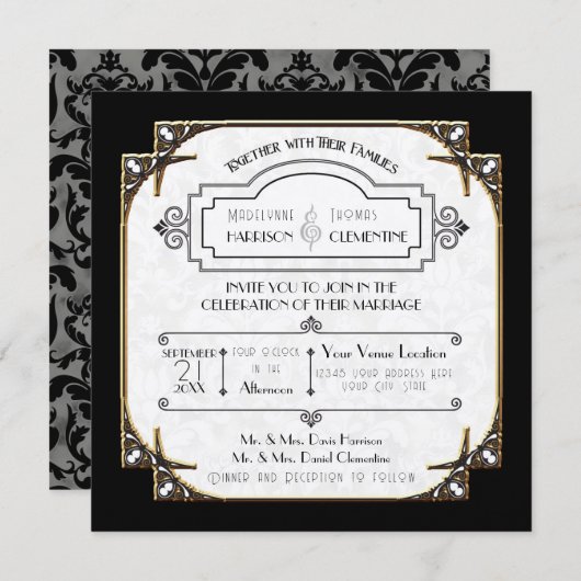 Art Deco Great Gatsby Style Typografie in Lace Gol Einladung (Vorne/Hinten)