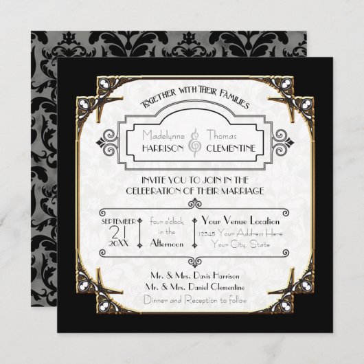 Art Deco Great Gatsby Style Typografie in Lace Gol Einladung (Vorne/Hinten)