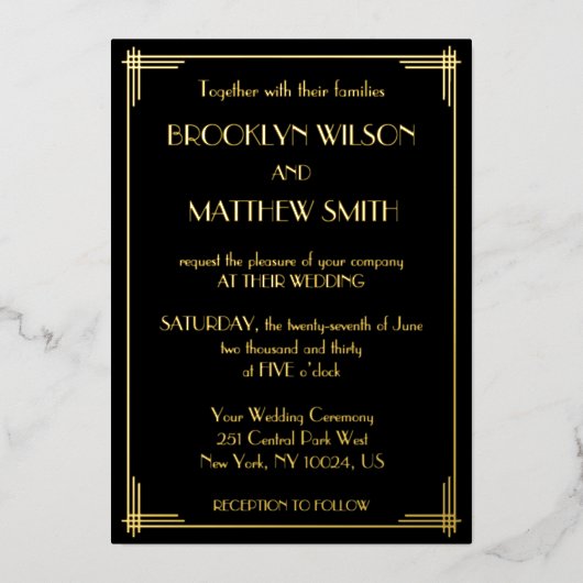Art Deco Great Gatsby Wedding Gold Folieneinladung (Vorderseite)