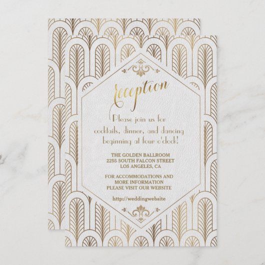 Art Deco Great Gatsby White Gold Empfang Einladung (Vorne/Hinten)