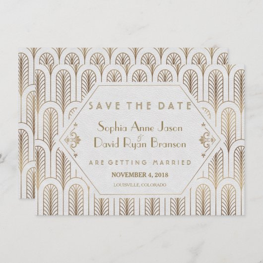 Art Deco Great Gatsby White Gold Save the Date (Vorne/Hinten)