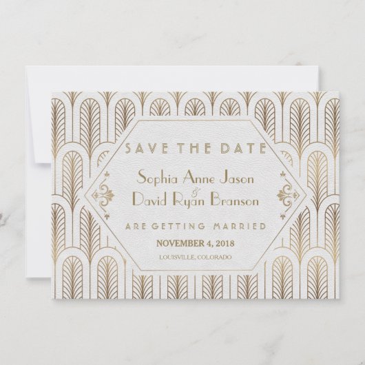 Art Deco Great Gatsby White Gold Save the Date (Vorderseite)
