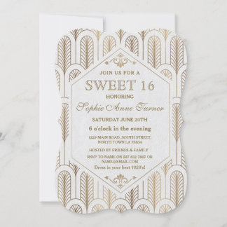 Art Deco Great Gatsby White Gold SWEET 16 Einladung
