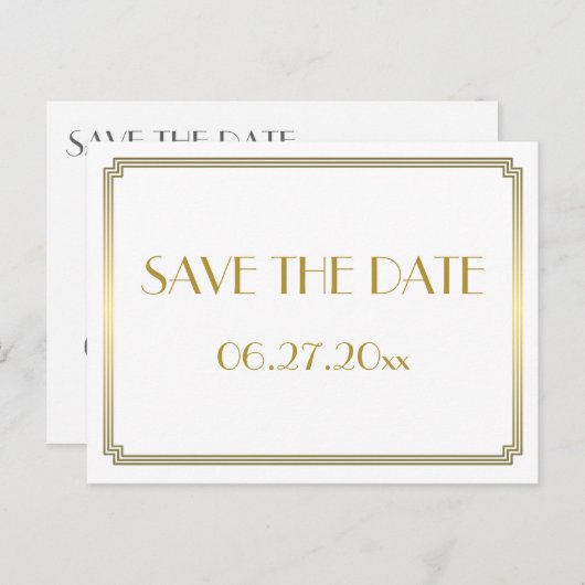 Art Deco Great Gatsby White Save the Date Postcard Ankündigungspostkarte (Vorne/Hinten)