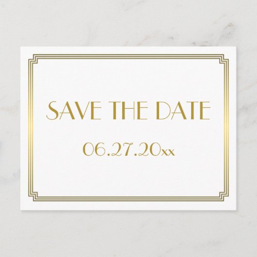 Art Deco Great Gatsby White Save the Date Postcard Ankündigungspostkarte (Vorderseite)