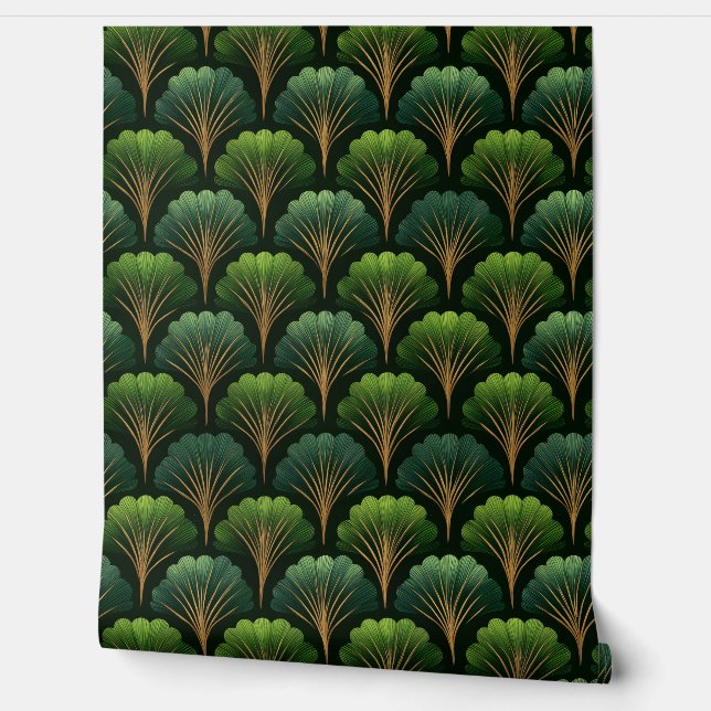 Art Deco Green and Gold Palm Leaves Tapete (Abrollen)