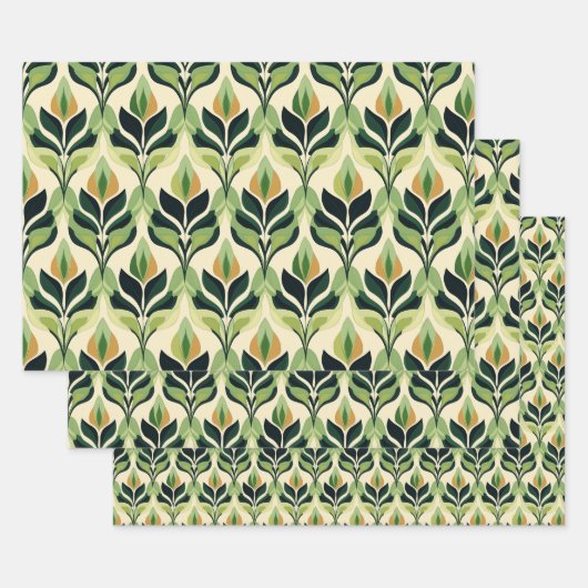 Art Deco Green Leaf Wrapping Paper Flat Sheet Set Geschenkpapier Set (Set)