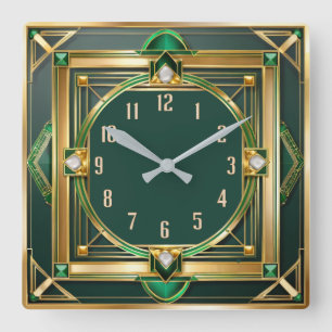 Art Deco Green Quadratische Wanduhr