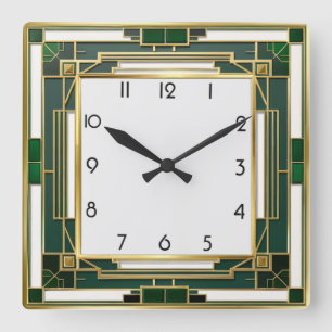 Art Deco Green Quadratische Wanduhr