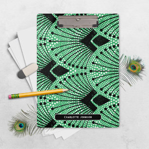 Art Deco Green Schwarz-weißes Vintages Pfauenmuste Klemmbrett