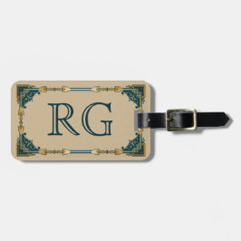 Art Deco Green und Gold Gerahmt Monogram Gepäckanhänger