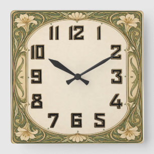 Art Deco Grün Floral Quadratische Wanduhr