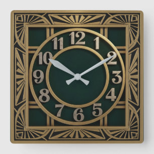 Art Deco Grün Quadratische Wanduhr