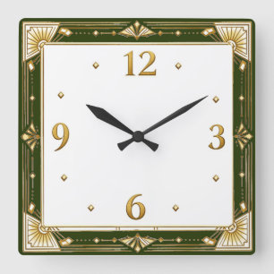 Art Deco Grün Quadratische Wanduhr