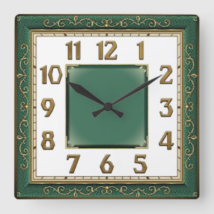 Art Deco Grün Quadratische Wanduhr