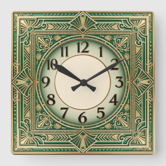 Art Deco Grün Quadratische Wanduhr (Vorderseite)