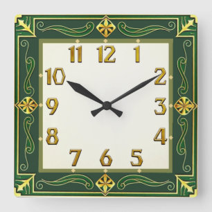 Art Deco Grün Quadratische Wanduhr