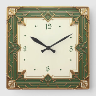 Art Deco Grün Quadratische Wanduhr