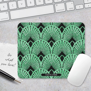 Art Deco Grün Schwarz Weiß Retro Pfauenmuster Mousepad