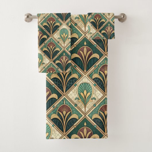 Art Deco Grün Smaragd Badhandtuch Set (Insitu)