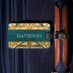 Art Deco Grün und Gold Streifen Personalisiert Gepäckanhänger