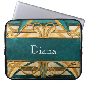 Art Deco Grün und Gold Streifen Personalisiert Laptopschutzhülle
