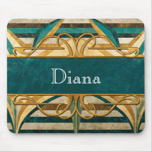 Art Deco Grün und Gold Streifen Personalisiert Mousepad