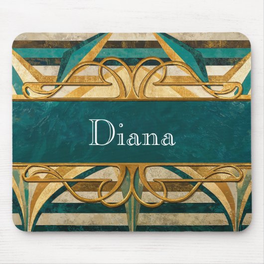 Art Deco Grün und Gold Streifen Personalisiert Mousepad (Vorne)