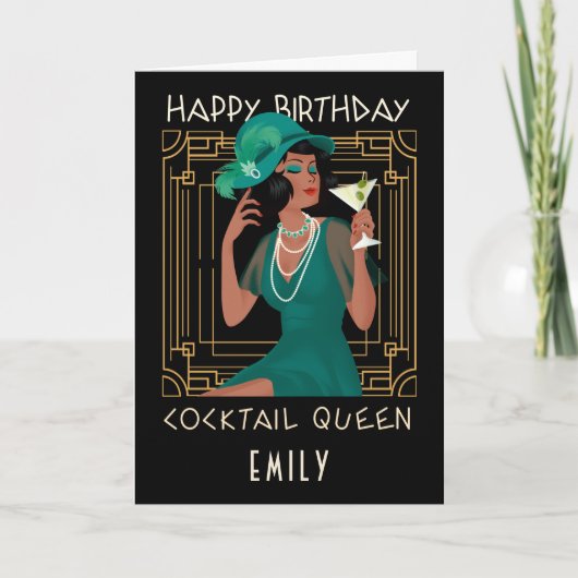 Art Deco Happy Birthday Cocktail Queen Black Karte (Vorderseite)