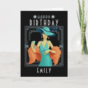 Art Deco Happy Birthday Name 20 Weibliche Schwarze Karte