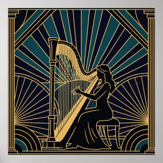 Art Deco Harpist Silhouette Poster Gold and Black  (Vorne)