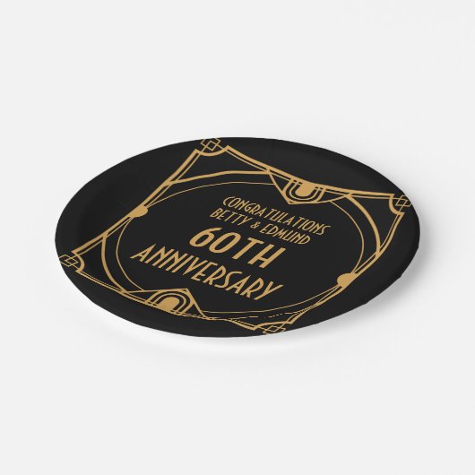 Art Deco heißt Schwarz 60. Hochzeit Pappteller (Schrägansicht)