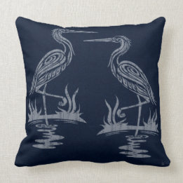 Art Deco Herons - Grau auf Navy Blue Kissen