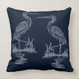 Art Deco Herons - Grau auf Navy Blue Kissen