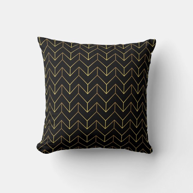 Art Deco Herringbone Gold Schwarzes Muster Kissen (Vorderseite)
