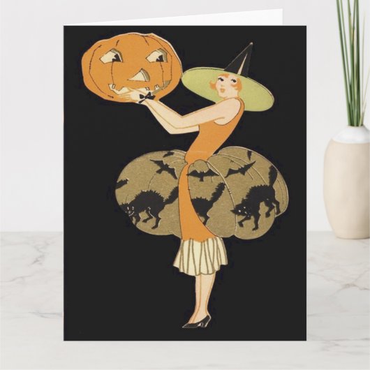 Art Deco Hexe Kürbislaterne Pumpkin Black Cat Karte (Vorderseite)