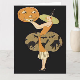 Art Deco Hexe Kürbislaterne Pumpkin Black Cat Karte