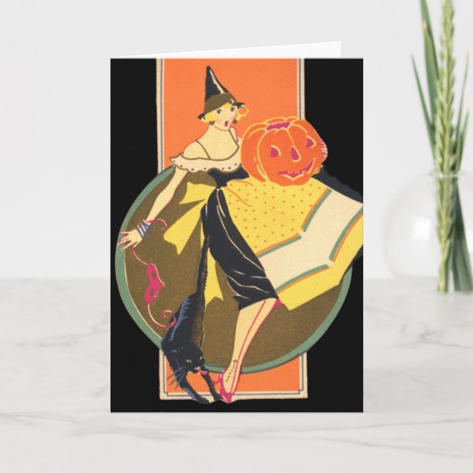Art Deco Hexe Kürbislaterne Pumpkin Black Cat Karte (Vorderseite)