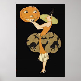 Art Deco Hexe Kürbislaterne Pumpkin Black Cat Poster