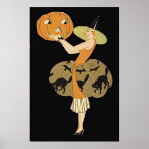 Art Deco Hexe Kürbislaterne Pumpkin Black Cat Poster