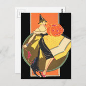 Art Deco Hexe Kürbislaterne Pumpkin Black Cat Postkarte (Vorne/Hinten)