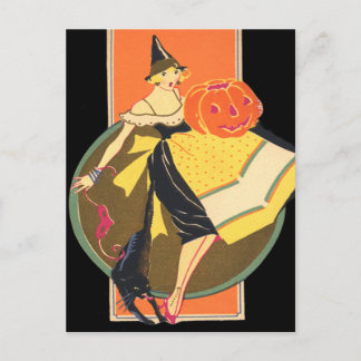 Art Deco Hexe Kürbislaterne Pumpkin Black Cat Postkarte
