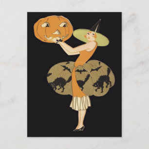 Art Deco Hexe Kürbislaterne Pumpkin Black Cat Postkarte